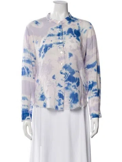 Pre-owned Raquel Allegra Tie-dye Print Long Sleeve Button-up Top In White