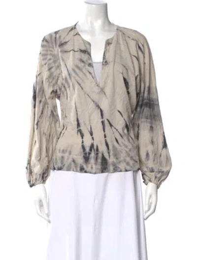 Pre-owned Raquel Allegra Tie-dye Print V-neck Blouse In Gray