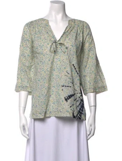 Pre-owned Raquel Allegra Tie-dye Print V-neck Top In Neutrals