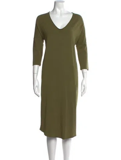 Pre-owned Raquel Allegra V-neck Midi Length Dress In Green