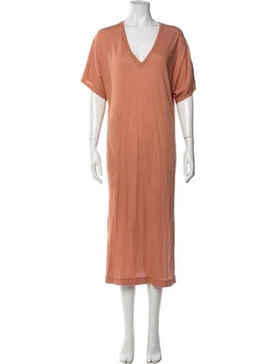 Pre-owned Raquel Allegra V-neck Midi Length Dress In Orange