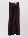 Raquel Diniz High Waist Midi Satin Skirt With Ruched Detail In Brown