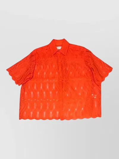 Raquel Diniz Lace Shirt Short Sleeves Scalloped Hem Collar In Orange