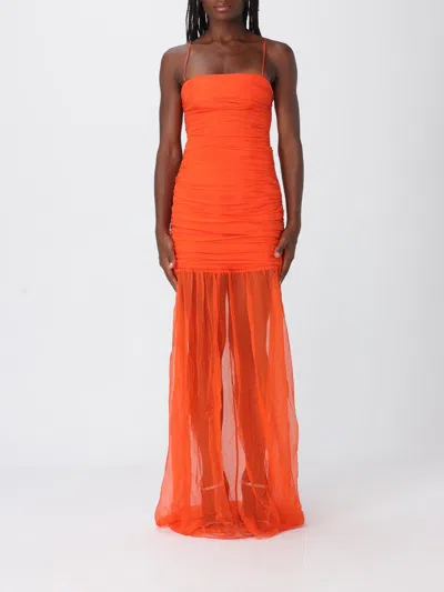 Raquel Diniz Long Silk Evening Gown With Square Neckline And Train In Orange