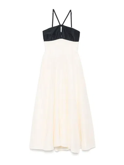 RAQUEL DINIZ LONG WHITE AND BLACK LINEN AND SILK DRESS