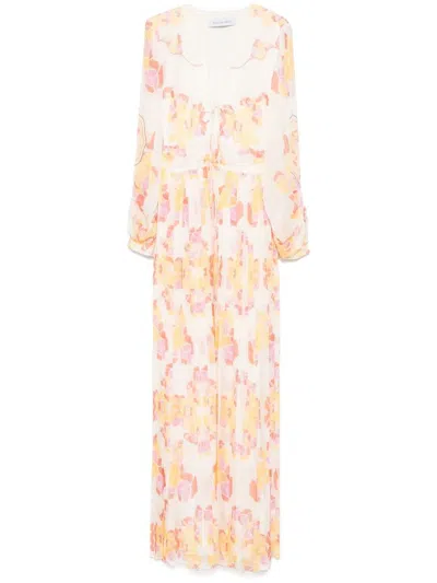 Raquel Diniz Long White Silk Dress With Multicolored Print In Multicolour