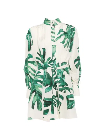 Raquel Diniz Marella Leaf-print Belted Mini Dress In White