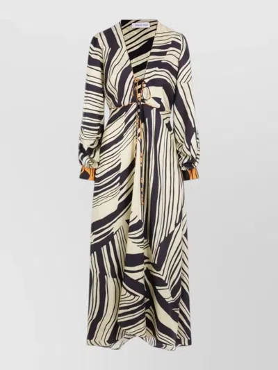 Raquel Diniz Maxi Dress Abstract Pattern Long Sleeves Tie In Black