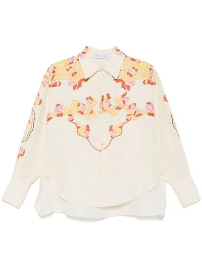 Raquel Diniz Relaxed Ivory Linen Shirt With Floral Print In Beige