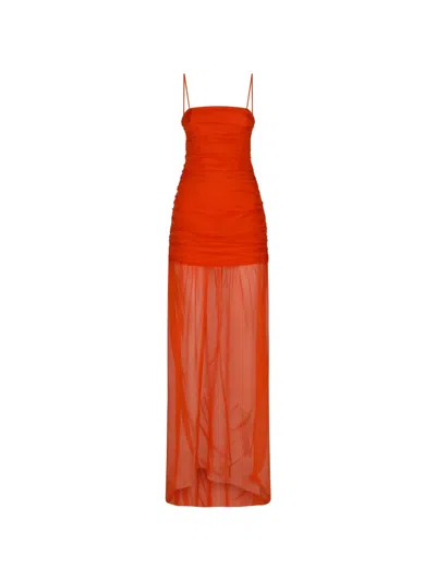 Raquel Diniz Ruched Sheer-panel Dress In Orange