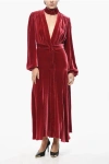Raquel Diniz Velour Tie Neck Shirt Dress With Flared Bottom In Red