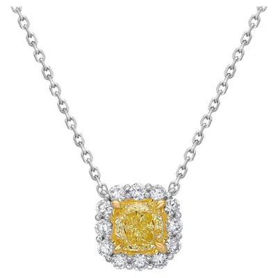 Pre-owned Rare Colors 1 Carat Fancy Light Yellow Cushion Halo Diamond Pendant Necklace -