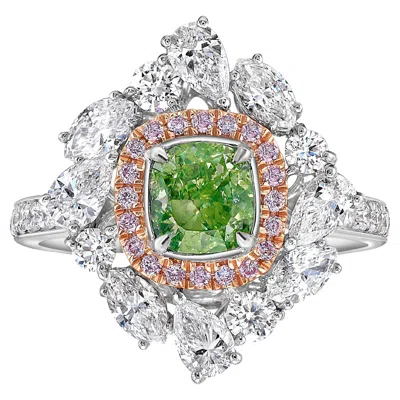 Pre-owned Rare Colors - 1 Carat Intense Yellow-green Cushion Cut Diamond Cocktail Ring In Multi