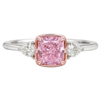 Pre-owned Rare Colors 1.70 Carat Gia Fancy Purplish Pink Cushion Cut Diamond Three Stone Ring