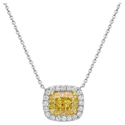 Pre-owned Rare Colors 2ct Yellow Cushion White Halo Diamond East West Pendant
