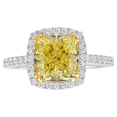 Pre-owned Rare Colors 3 Carat Fancy Yellow Cushion Cut Halo Diamond Ring