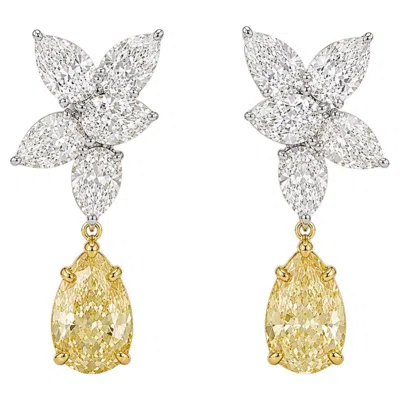 Pre-owned Rare Colors 3 Carat Yellow Pear Diamond Glamorous Cluster Earrings
