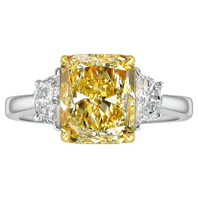 Pre-owned Rare Colors 3.29ct Fancy Yellow Elongated Radiant Diamond Three Stone Ring