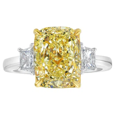 Pre-owned Rare Colors 4 Carat Fancy Yellow Elongated Cushion Diamond Three Stone Ring