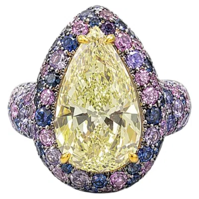Pre-owned Rare Colors 4 Carat Fancy Yellow Pear Diamond Purple Sapphire Bubble Ring