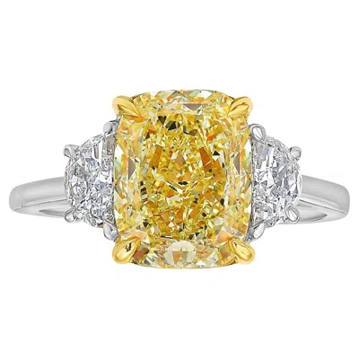 Pre-owned Rare Colors - 4.02ct Fancy Yellow Cushion Cut Diamond Engagement Ring