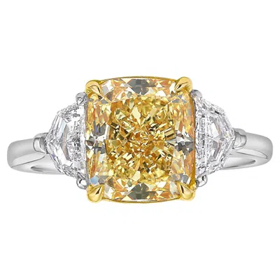 Pre-owned Rare Colors 5.44ct Fancy Yellow Cushion Diamond Three Stone Ring