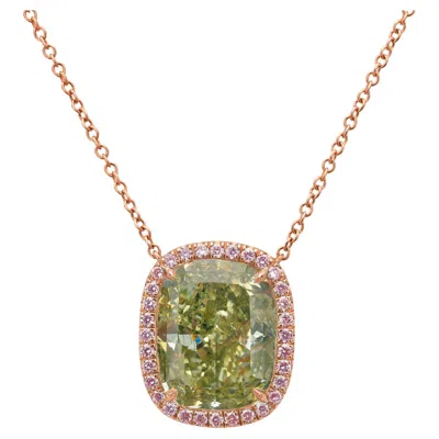 Pre-owned Rare Colors 5.83ct Green Cushion Diamond In Pink Diamond Halo Pendant -
