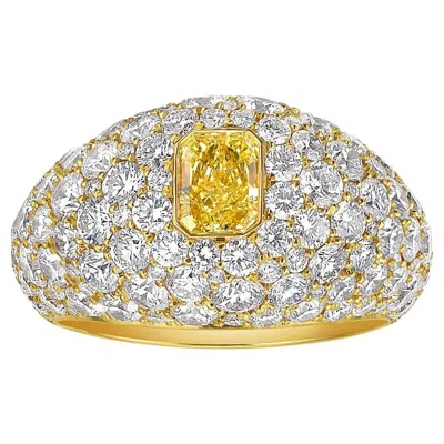 Pre-owned Rare Colors - Fancy Intense Yellow Radiant With Diamond Pave Dome Ring