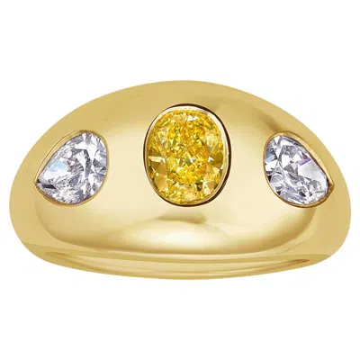Pre-owned Rare Colors Fancy Vivid Yellow Oval With White Pear Diamonds Dome Ring