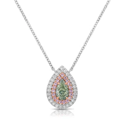 Pre-owned Rare Colors Green 'chameleon' Pear Shape Diamond Double Halo Pendant -