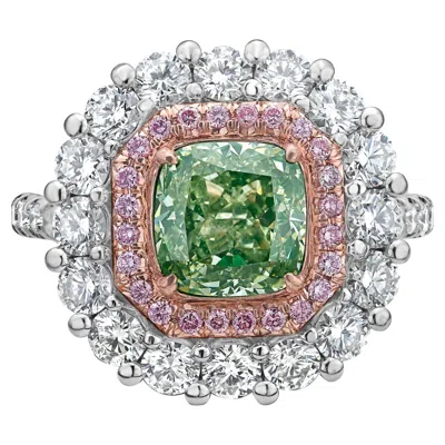 Pre-owned Rare Colors Green Cushion Diamond Halo Cocktail Ring -