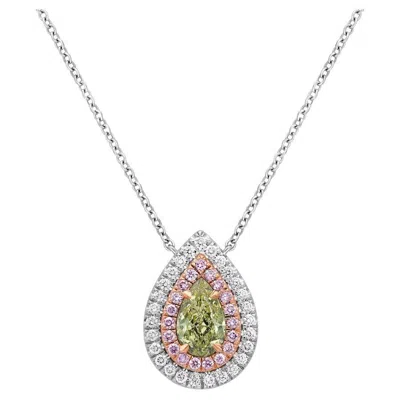 Pre-owned Rare Colors Greenish Yellow Pear Shape Diamond Double Halo Pendant -