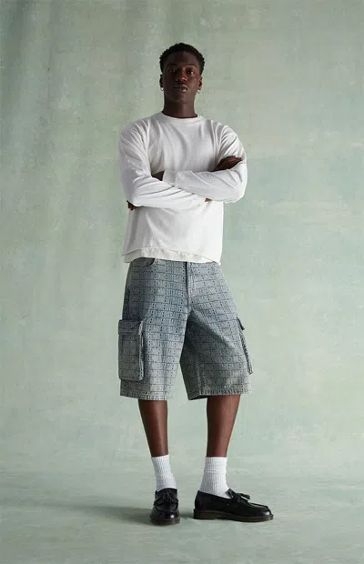 Rare Dnm Edit Men's Jacquard Extreme Baggy Cargo Denim Shorts In Medium Indigo In Purple