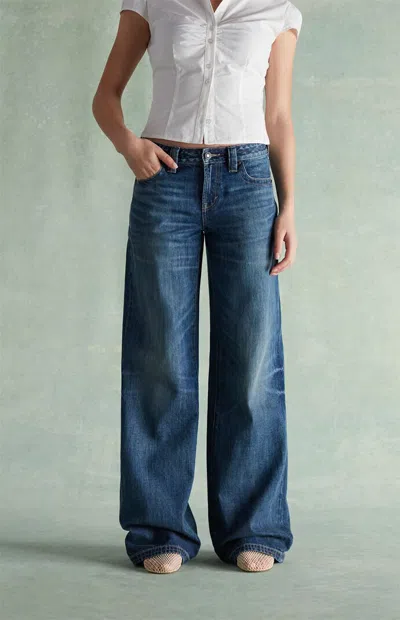 Rare Dnm Edit Women's Light Blue Rhinestone Button Pocket Low Rise Baggy Jeans In Dark Indigo In Purple