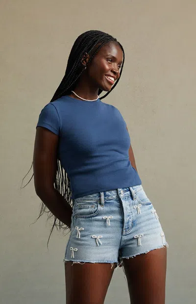 Rare Dnm Edit Women's Light Indigo Pearl Bow High Waisted Denim Festival Shorts In Medium Indigo In Blue