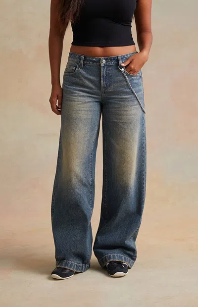 Rare Dnm Edit Women's Medium Blue Ball Chain Low Rise Baggy Jeans In Dark Indigo