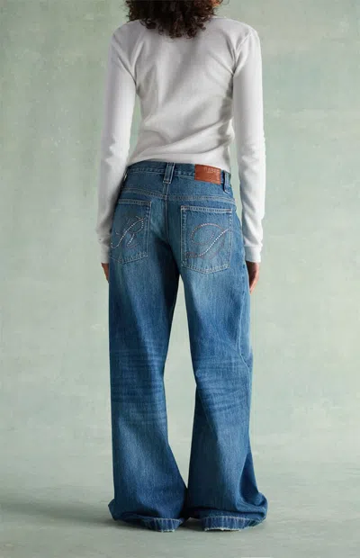 Rare Dnm Edit Women's Medium Blue Rhinestone R & D Ultra Low Rise Baggy Jeans In Dark Indigo In Purple