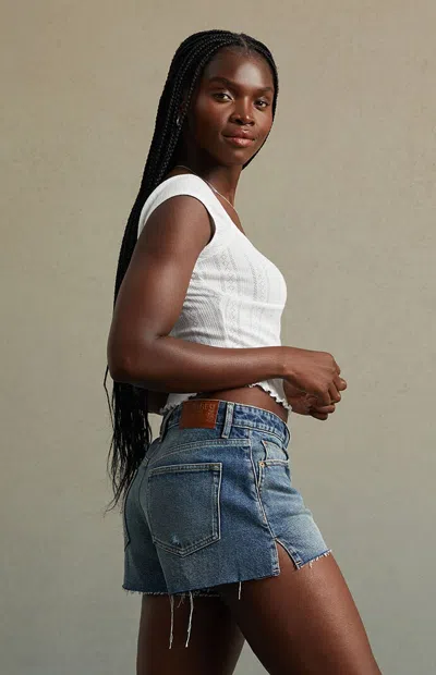 Rare Dnm Edit Women's Tinted Dark Indigo A-line Denim Shorts In Medium Indigo In White