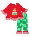 Rare Editions Baby Girl 2-piece Holiday Tree Applique Top And Polka Dot Leggings Set In Red
