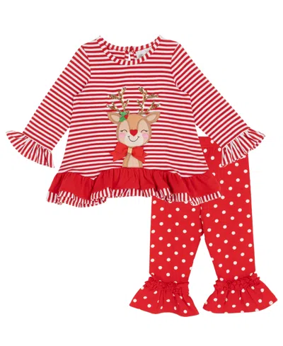 Rare Editions Baby Girl 2-piece Reindeer Applique Top And Polka Dots Leggings Set In Red