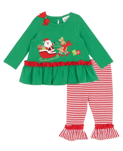 Rare Editions Baby Girl 2-piece Santa Sleigh Top And Striped Leggings Set In Green