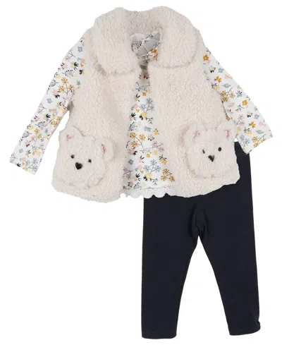Rare Editions Baby Girl Bear Applique Faux Sherpa Vest With Floral Top And Leggings, 3-piece Set In Ivory