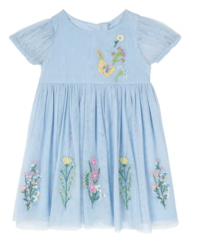 Rare Editions Baby Girl Flower And Butterfly Embroidery Dress In Blue