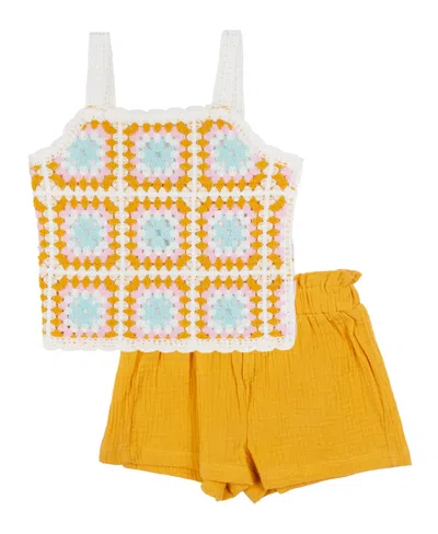 Rare Editions Baby Girl Patterned Crochet Short Set In Mustard