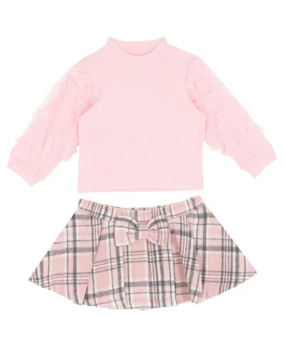 Rare Editions Baby Girls 2-piece 3d Butterfly Long-sleeve Top And Plaid Skirt Set In Pink