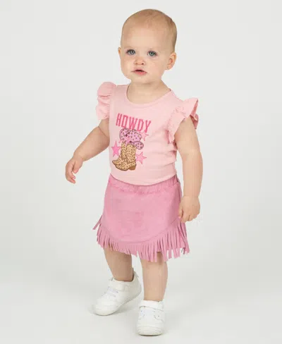 Rare Editions Baby Girls 2-piece Cowgirl Graphic Bodysuit And Fringe Skirt Set In Pink