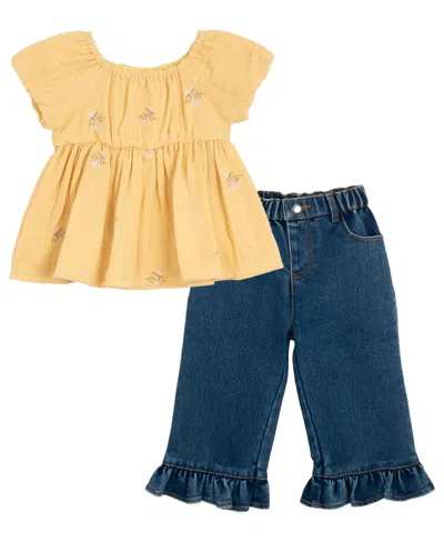 Rare Editions Baby Girls 2-piece Embroidered Top Ruffle And Jeggings Set In Yellow