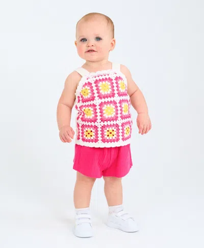 Rare Editions Baby Girls 2-piece Granny Square Crochet And Short Set In Pink