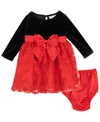 Rare Editions Baby Girls 2-piece Long Sleeves Velvet Bodice Dress And Diaper Cover Set In Multi