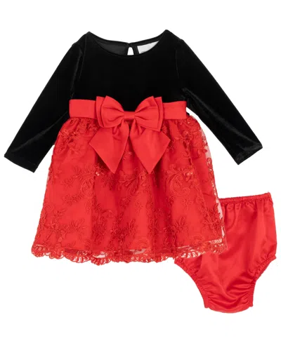 Rare Editions Baby Girls 2-piece Long Sleeves Velvet Bodice Dress And Diaper Cover Set In Multi